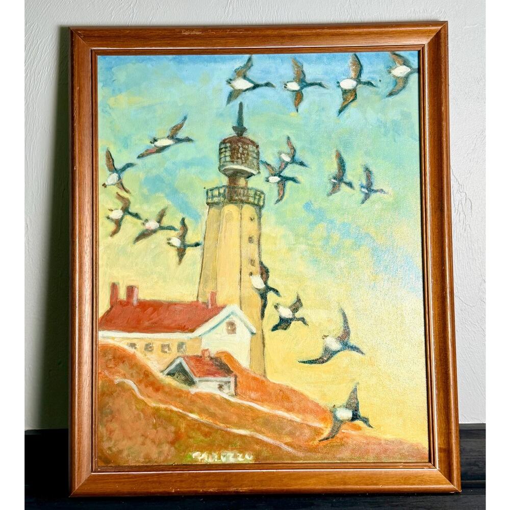 Vintage Original Lighthouse Painting Flying Seabirds Signed Coastal Wall Decor - Picture 5 of 14